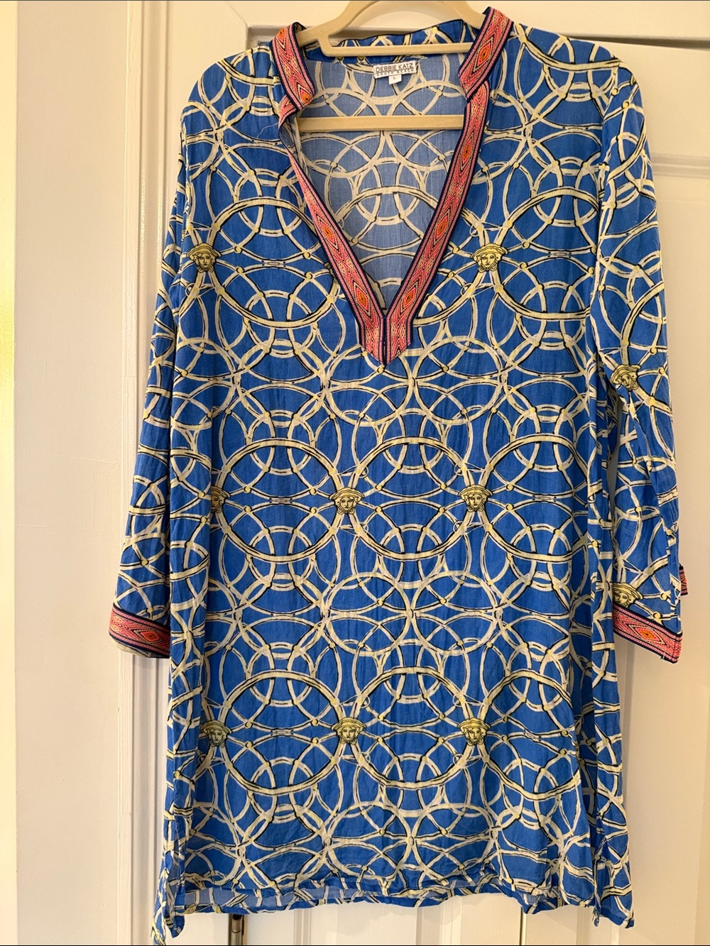Debbie Katz Tunic Cover Up Blue with Coral Trim large